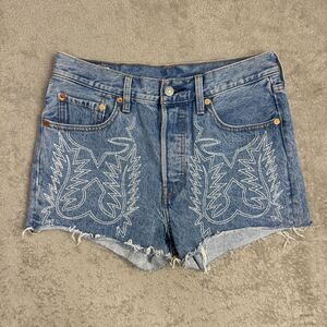 Levi's 501 Original Shorts Women 28 Blue Denim Button Fly Embroidered Frayed Hem